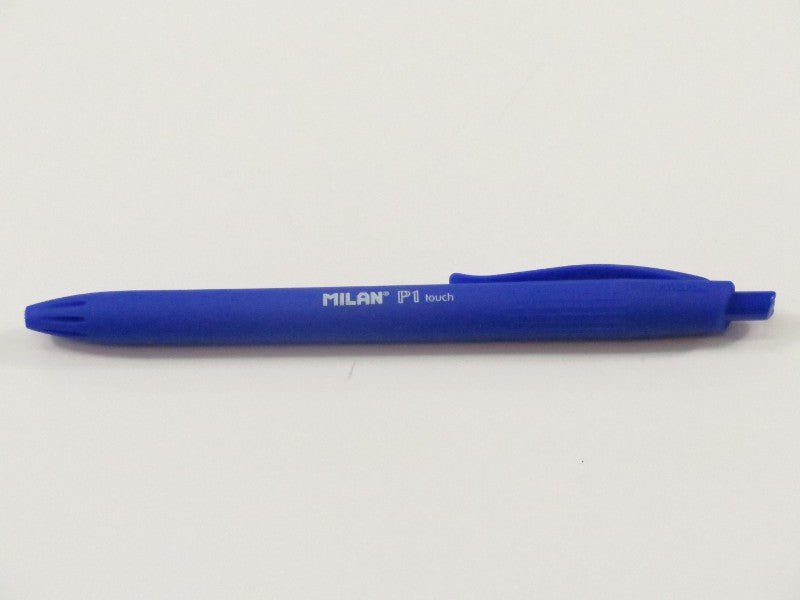 Vibrant blue Milan P1 Touch Ballpen with a rubber grip, designed for smooth writing and exceptional control.