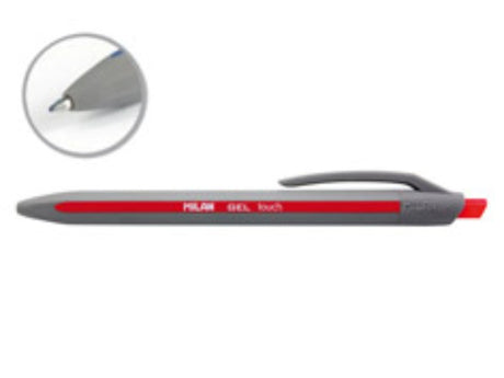 Milan P1 Touch Gel Pen in red featuring a soft touch finish, quick-drying ink, and a precision 0.7mm tip for smooth writing.