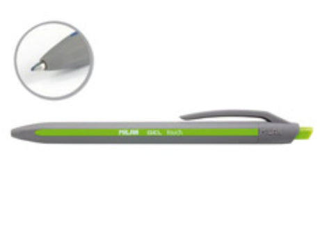 Milan P1 Touch Gel Pen in vibrant green, featuring a rubber grip and quick-drying 0.7mm tip for smooth, precise writing.