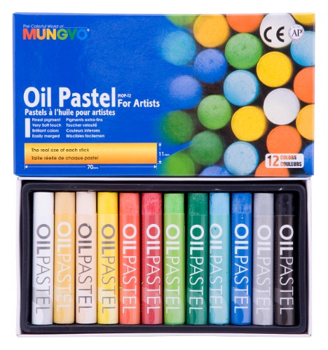 Vivid 12-color oil pastel set for various techniques, offering smooth application and fade resistance for vibrant artwork.