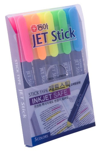 Dong-A Jet Stick Highlighter Set of 5 in vibrant colors for smear-free, instant highlighting ideal for students and professionals.