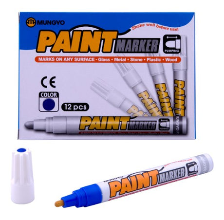 Mungyo blue paint marker for artists and crafters, featuring quick-drying, water-based paint for vibrant, lasting designs.