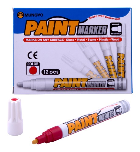 Vibrant red Mungyo paint marker with durable nib, perfect for creating bold, permanent art on various surfaces.