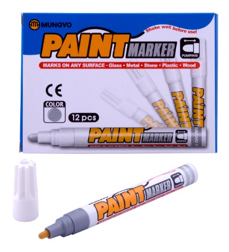 Mungyo Paint Marker in Silver, perfect for vibrant, permanent designs on metal, glass, plastic, and stone surfaces.