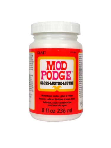 Mod Podge Gloss 8oz bottle for crafting, ideal for decoupage, photo framing, and enhancing artwork with a glossy finish.