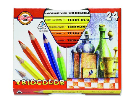 Tricolour triangular pencils in a pack of 24, designed for comfort and vibrant, blendable colors for all artists.