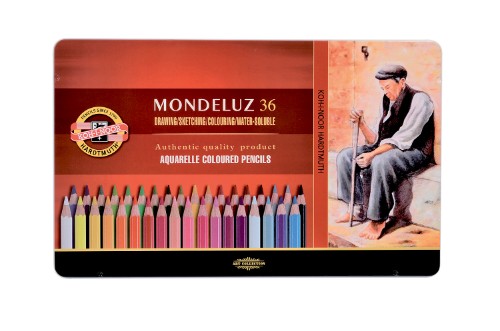 Vibrant Mondeluz Pnc In Tin 36s aquarelle colored pencils set in a portable tin, perfect for blending and watercolor effects.