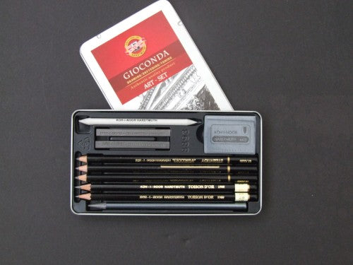 8893 Gioconda Sketching Set 10pce featuring soft graphite pencils, charcoal sticks, and blending stumps for versatile drawing.