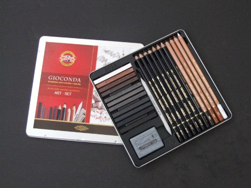 24-piece Gioconda Artist Sketching Set featuring graphite pencils, charcoal sticks, and versatile drawing tools for creative expression.