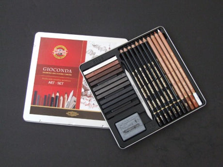 24-piece Gioconda Artist Sketching Set featuring graphite pencils, charcoal sticks, and versatile drawing tools for creative expression.