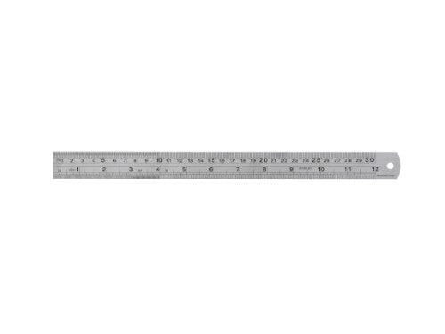 Stainless steel 12" ruler with clear measurements, rounded edges for safety, perfect for precision tasks in any setting.