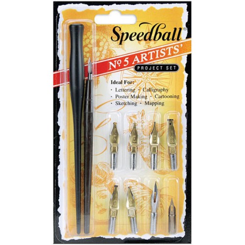 Speedball #5 Artist Pen Set 2962 featuring three 'C' and 'B' style nibs, plus artist nibs, with ergonomic holders for comfort.