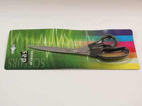 Premium 8" scissors with ergonomic handle, ideal for cutting paper, fabric, and cardboard, packaged on a convenient blister card.