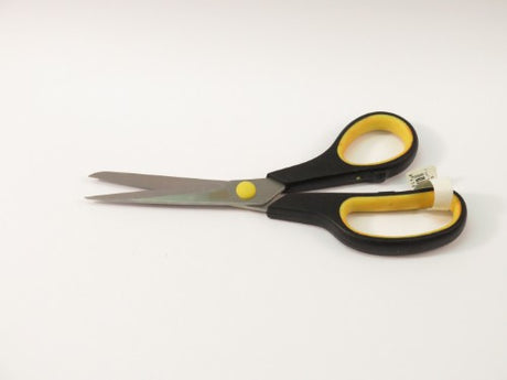 Kids' 7 3/4" soft-grip scissors in bright yellow, safe for ages 4+, perfect for crafts with comfortable handling and sharp blades.