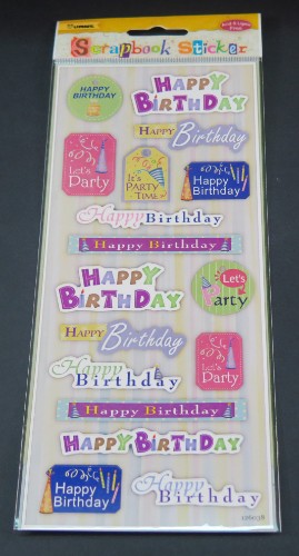 Vibrant Happy Birthday scrapbook sticker featuring balloons and cakes, perfect for crafts and celebrations.