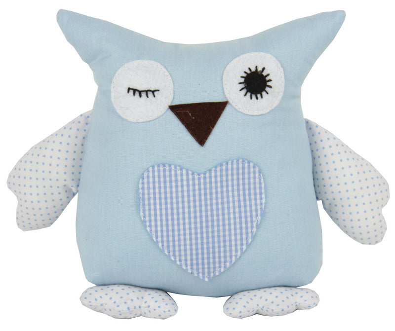 Charming blue Winking Owl doorstop, 18cm high and 1.5kg, adds whimsy and function to your home decor.