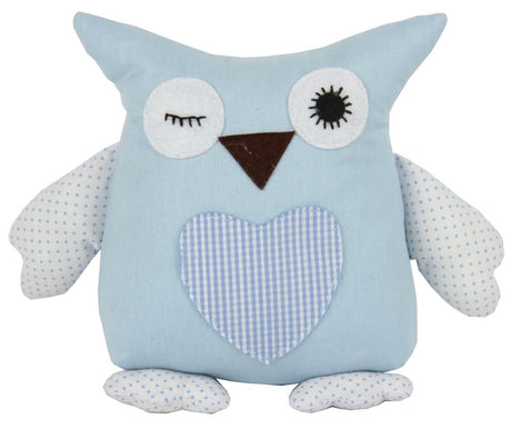 Charming blue Winking Owl doorstop, 18cm high and 1.5kg, adds whimsy and function to your home decor.