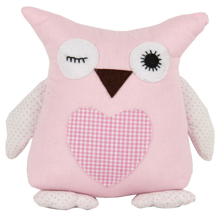 Winking owl doorstop in pink, 18cm tall and 1.5kg, blends functionality with whimsical home decor charm.