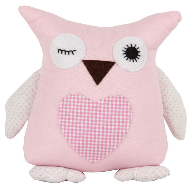 Winking owl doorstop in pink, 18cm tall and 1.5kg, blends functionality with whimsical home decor charm.