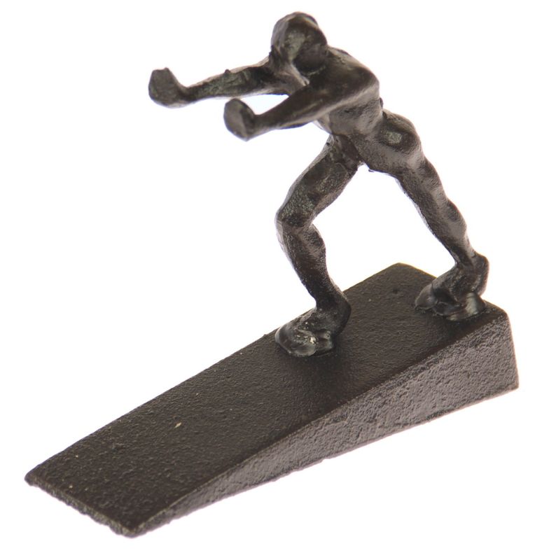 Set of 2 whimsical iron door stoppers featuring a man pushing design, perfect for keeping doors open stylishly.