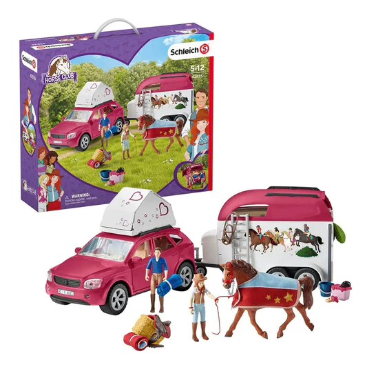 Schleich horse playset featuring SUV and trailer, with Betty and her Friesian mare Raja for imaginative adventures.