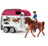 Schleich playset featuring Betty grooming her Friesian mare Raja, with a car, trailer, and accessories for imaginative adventures.