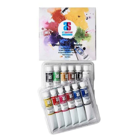 Art Spectrum Gouache Set of 12 includes vibrant, non-toxic paints in 22.5ml tubes, ideal for artists seeking opacity and rich colors.