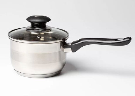 Stainless steel 14cm saucepan with tempered glass lid, ideal for heating sauces and small cooking tasks, suitable for induction.