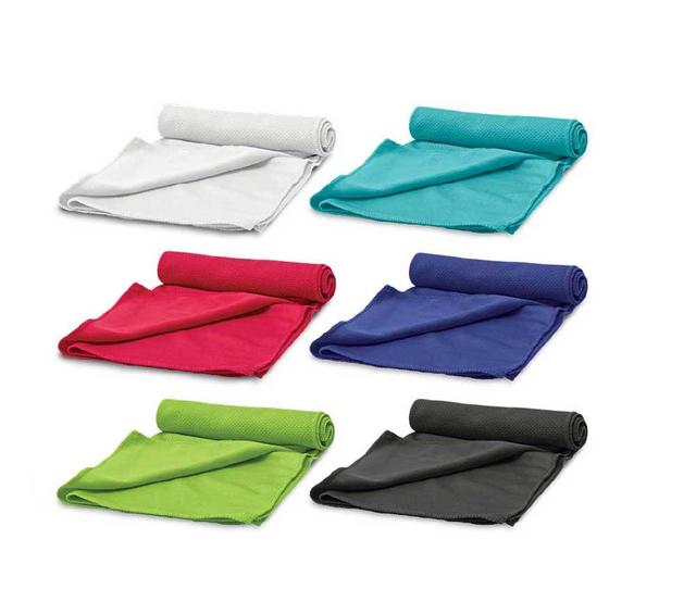 Active Cooling Sports Towel set of 6 in assorted colors, designed to cool instantly for athletes during workouts and outdoor activities.