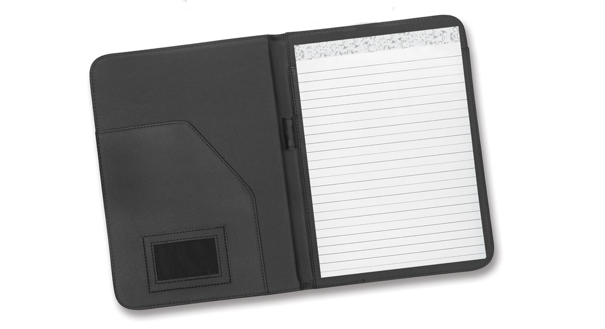 Set of 6 black PU leather portfolios featuring a lined pad and pen loop, perfect for organizing notes and documents.