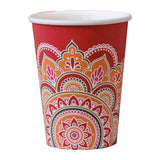 Vibrant red paper cups adorned with intricate rangoli patterns, perfect for serving beverages during Diwali celebrations.