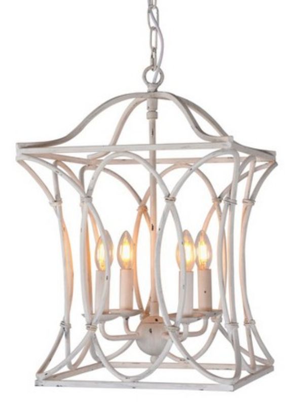 Antique white chandelier with candle-like bulbs, perfect for adding vintage elegance to any room's decor.