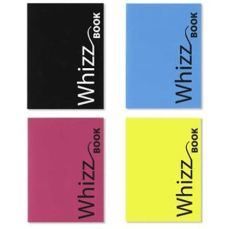 Whizz Book A5 notebook with 136 sheets of eco-friendly 80 gsm paper, perfect for notes and sketches, available in red, blue, yellow, and black.