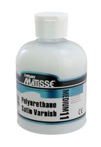 Matisse Mm11 Poly-U-Satin Varnish in a 250ml bottle, offering a clear, hard-wearing satin finish for acrylic artwork protection.