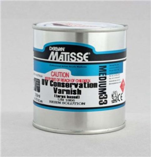 Matisse MM33 UV Conservation Varnish 250ml bottle, providing clear gloss finish and UV protection for preserving artwork.