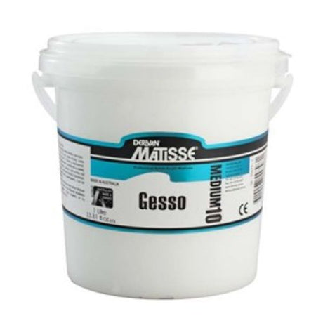 Matisse MM10 1L Gesso bottle, a premium flexible primer for canvas, offering intense white coverage and exceptional paint manipulation.