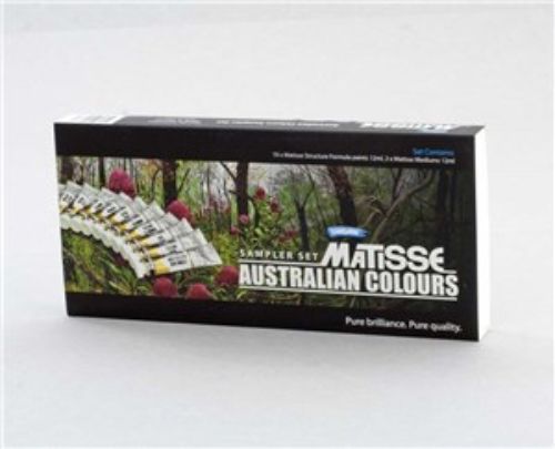 Matisse Aust Colour Set: 12 vibrant 12ml acrylic tubes for versatile artwork, offering excellent opacity and lightfastness.