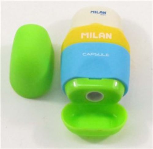 Milan Capsule Mix Sharpener + Eraser, a compact dual tool with a sharpener and eraser for precise writing and correction.