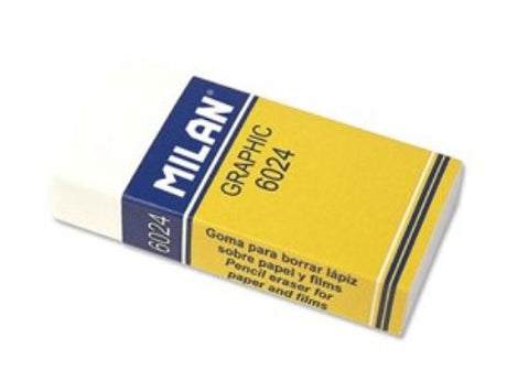 Milan Eraser 6024 pack of 24, white plastic, ergonomic design, smooth erase, vivid graphics, ideal for school and office use.