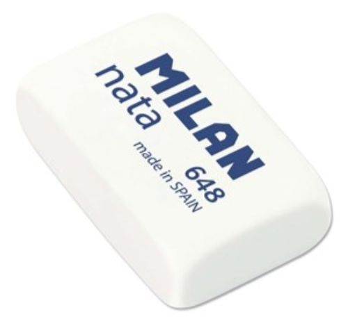 Milan Eraser 648 pack of 48 white plastic erasers, ideal for smooth and precise erasing without smudging.