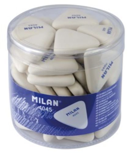 Milan Eraser 4045 pack of 45 triangular synthetic erasers, ideal for precise, damage-free pencil mark removal.