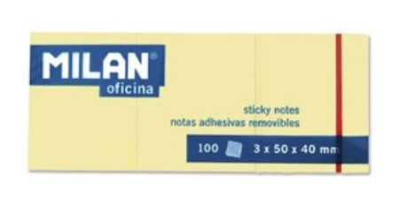 Milan Sticky Notes in vibrant yellow, 50 sheets for quick reminders and organizing, strong adhesive, 3x50x40 mm size.