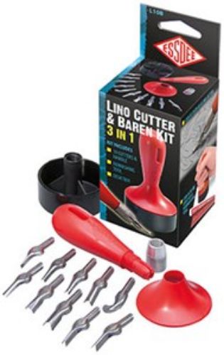 Essdee Lino Cutter & Baren Kit L10b with 10 precision-ground cutters, ergonomic handle, and dual-purpose storage/Baren base.