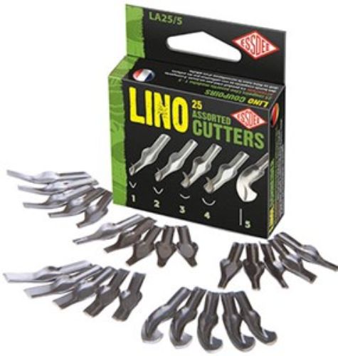 25 assorted lino cutters in styles 1-5, precision-ground high-carbon steel for sharp, durable printing and crafting.