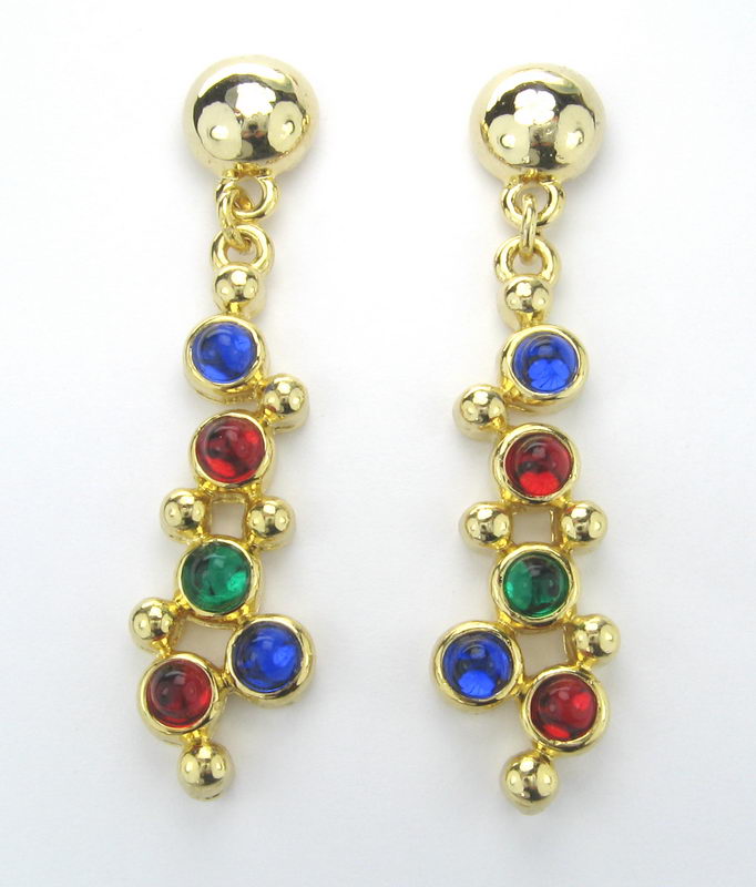 Vibrant gold, blue, red, and green earrings with a unique design, perfect for any occasion and adding glamour to your look.