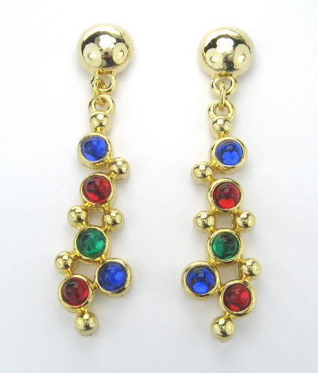 Vibrant gold, blue, red, and green earrings with a unique design, perfect for any occasion and adding glamour to your look.