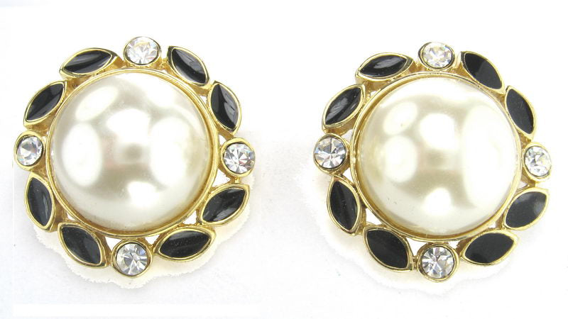 Earrings Pearl. Gold. Rhodium/C Black Enamel