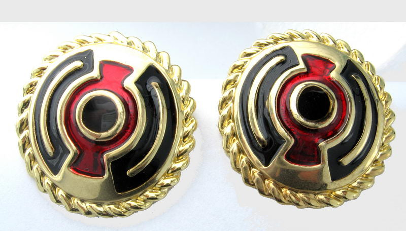 Bold gold earrings with striking black and red inner accents, perfect for elevating any outfit.