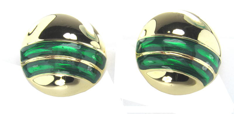 Gold earrings with green enamel detailing, perfect for adding elegance and color to any outfit.