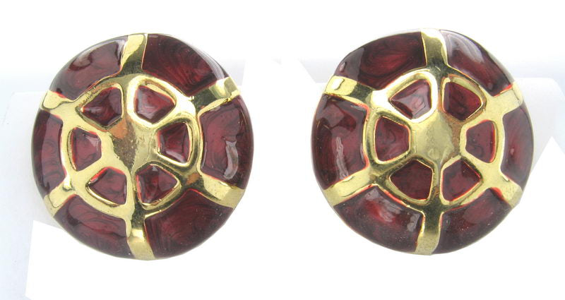 Elegant gold earrings with reddish-brown enamel, perfect for day-to-night wear and stylish accessorizing.